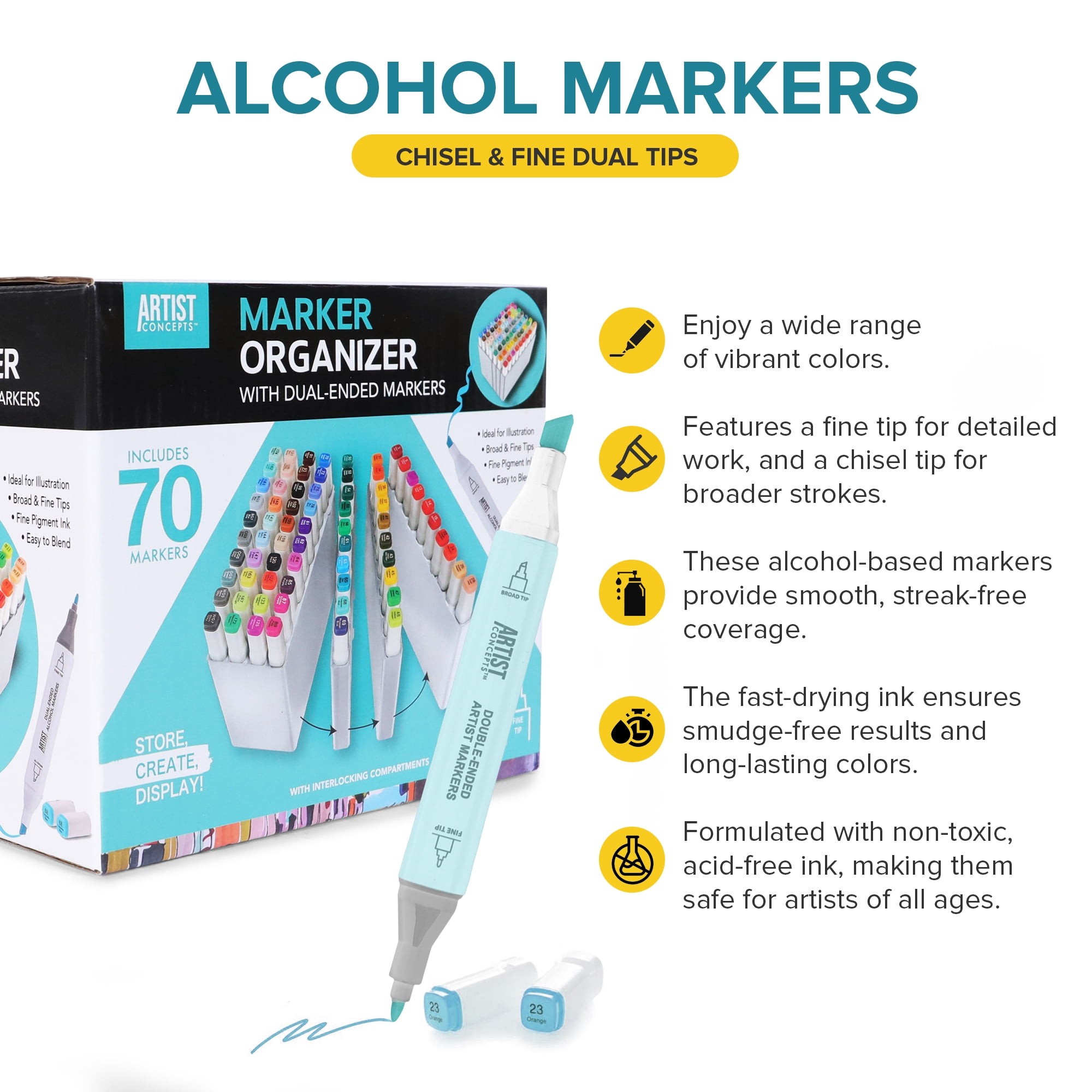 Artist Concepts Interlocking Marker Organizer with 70 Multicolor Dual-Ended Alcohol Markers, White