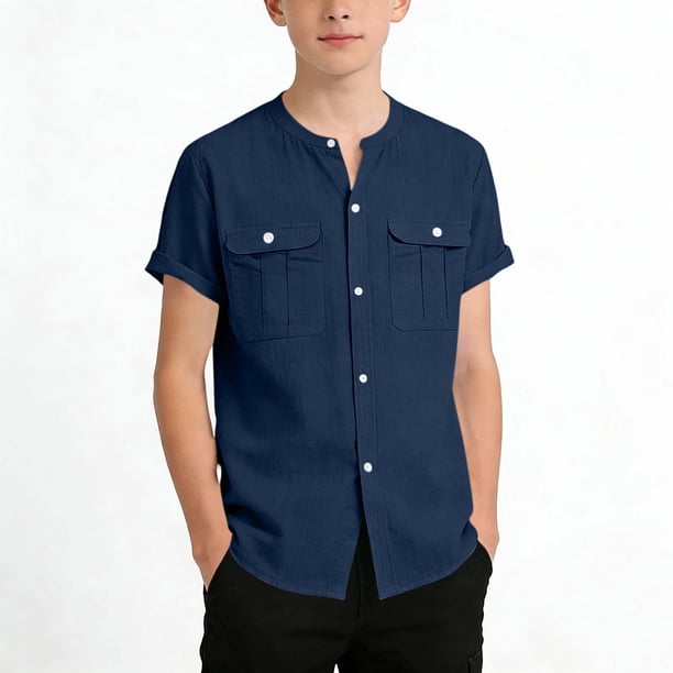 Camisa de manga corta con cuello redondo de color liso para niño, cárdigan informal y cómodo para adulto, top de poliéster para niño