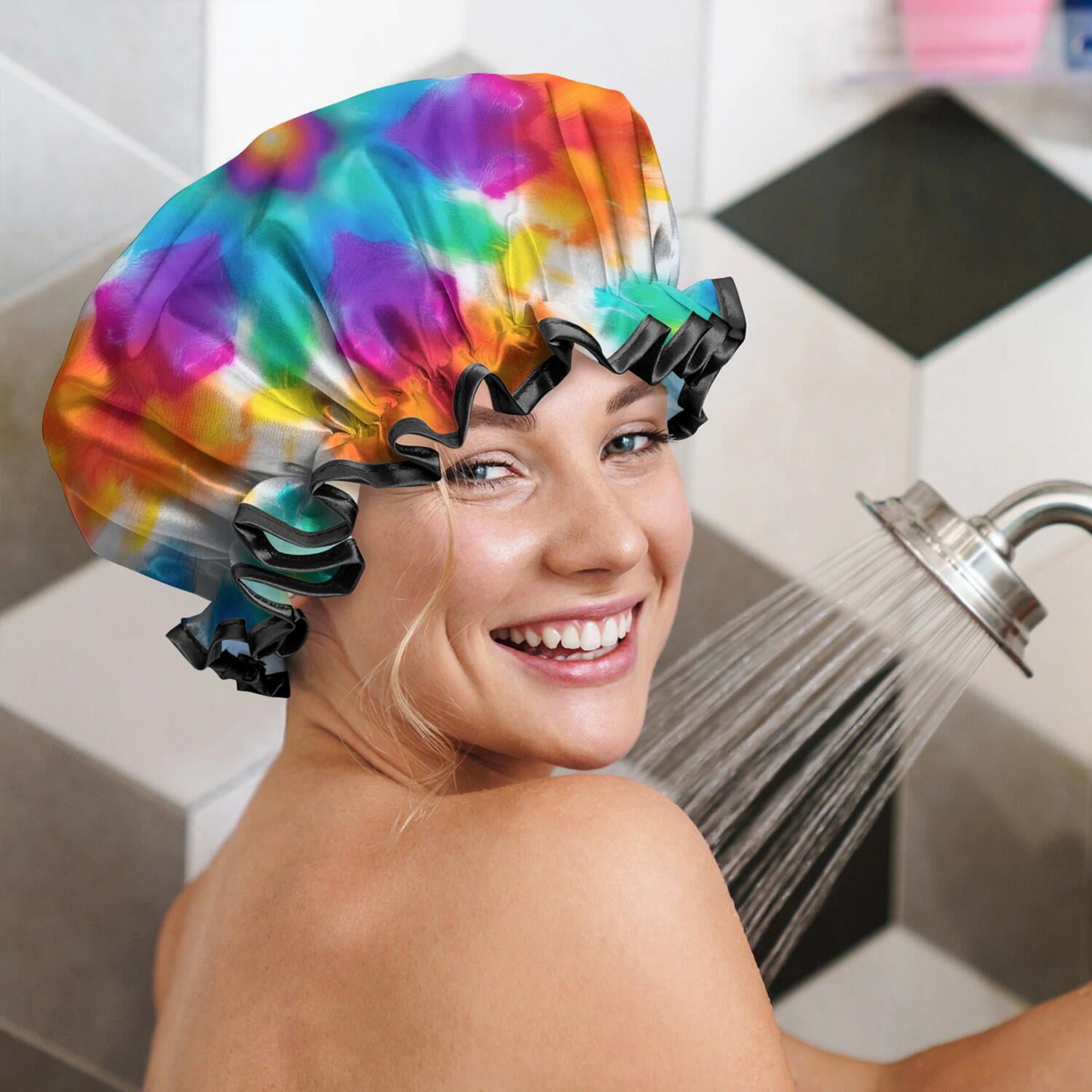 Shower Caps,Colorful Rainbow Tie Dye Spiral Pattern Waterproof Shower Cap for Women 4 Pieces,Double Reusable Hair Cover for Shower PEVA Elastic Stretch Hem