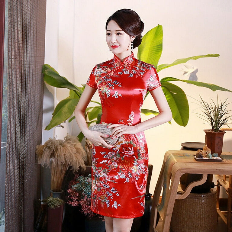 Women Stand Collar Floral Bodycon Cheongsam Dress Vintage Chinese
