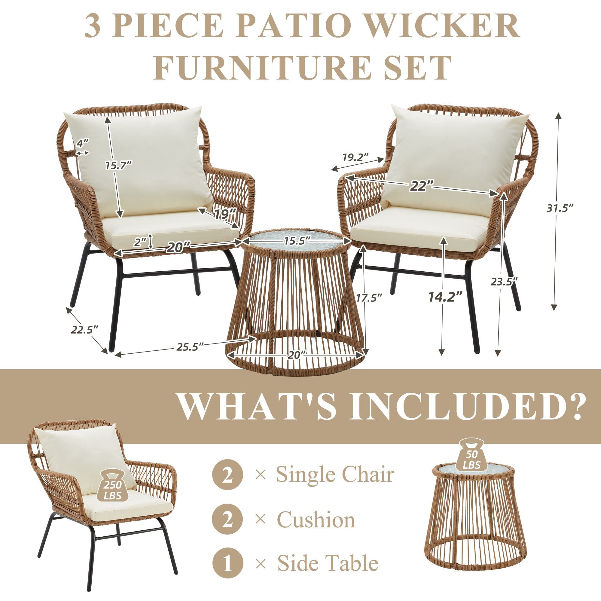 Bezseller 3-Piece Outdoor Wicker Furniture Set, Patio Conversation Set, Beige