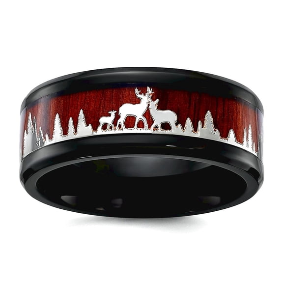 8mm Stainless Steel Polished Black Ip With Wood Inlay Deer In Forest Design Band Size 11.5 Ring for Women and Men