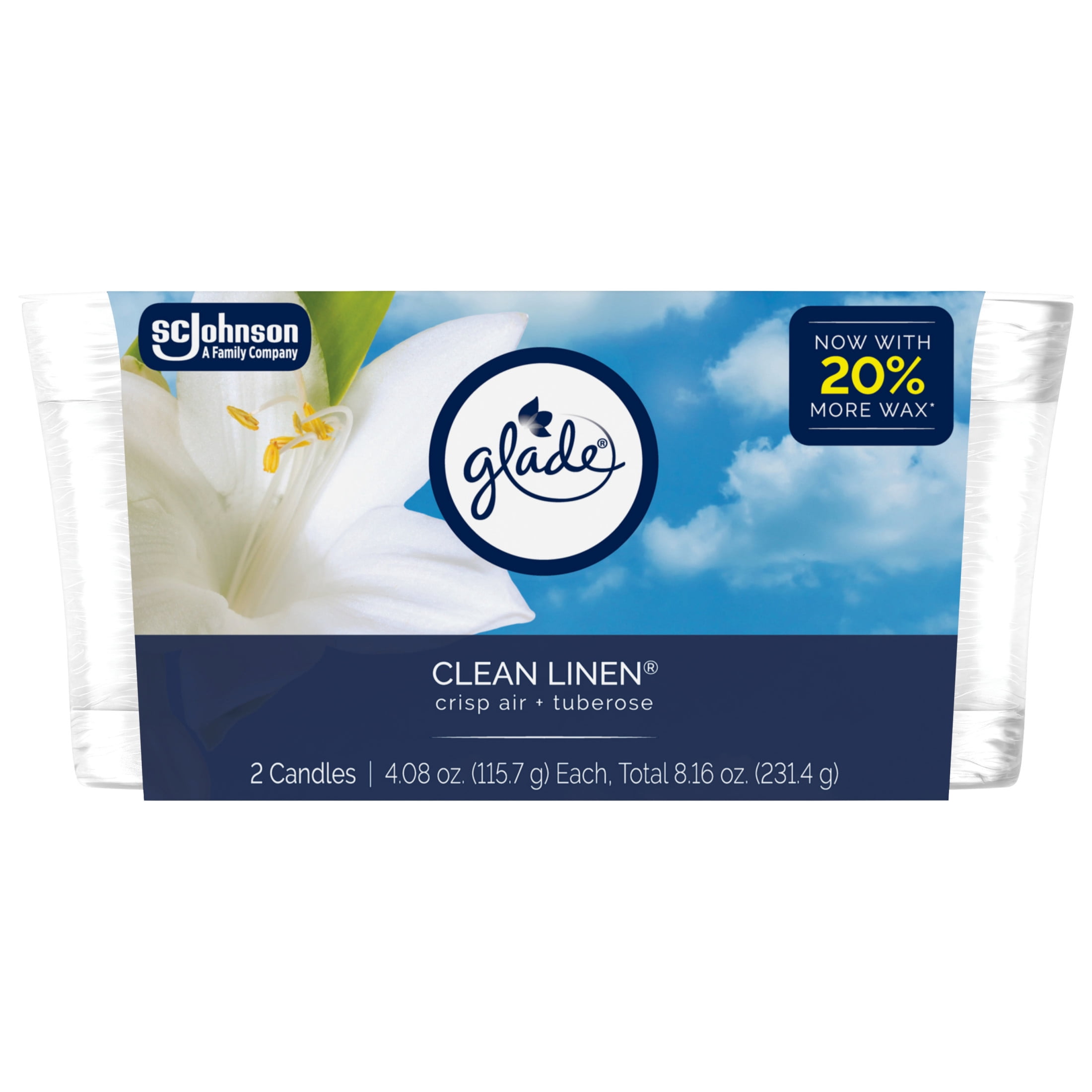 Glade Single Wick Candles, Clean Linen, 8.16 oz, 2 Count
