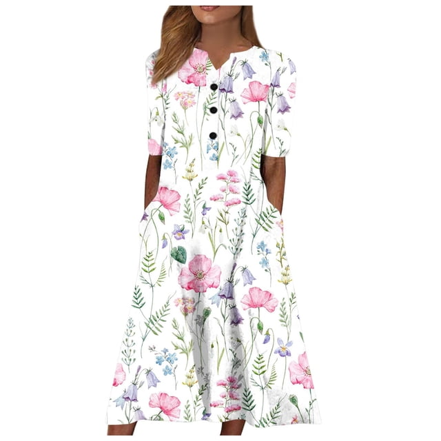 Robes Maxi d'Été pour Femmes 2023 Robe Décontractée à Manches Courtes Col en V Imprimé Robe Décontractée avec Poches Robe à Manches Courtes en Liquidation