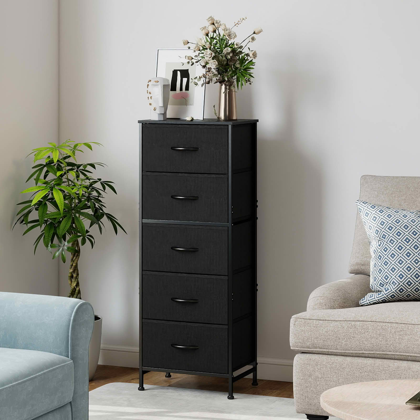 MAYEERTY 5 Drawer Fabric Dresser with Wooden Top, Steel Frame Storage Chest Organizer for Bedroom Nursery Entryway