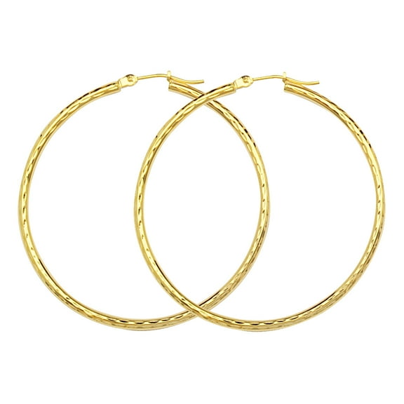 10K Yellow Gold 2 mm Diamond Cut Hoop Earrings 1.2" Diameter