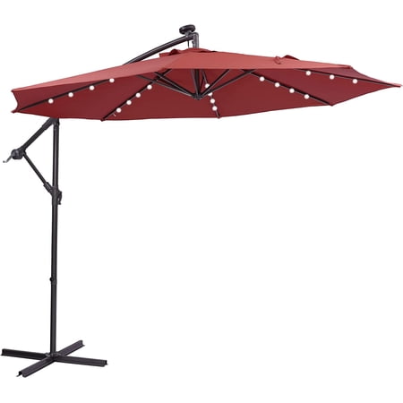 Saim 10 FT Solar LED Patio Outdoor Umbrella Hanging Cantilever Umbrella Easy Open Adustment with 24 LED Lights