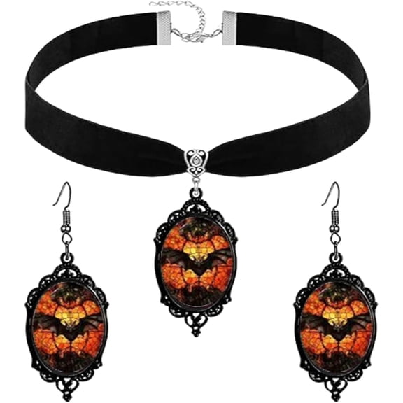 Gothic Necklace Earrings Set for Women,Vintage Black Velvet Witch/Crow/Bat Glass Pendant Necklace Punk Style Crystal Cameo Glass Jewelry Set Goth Victorian Costume Halloween Accessories