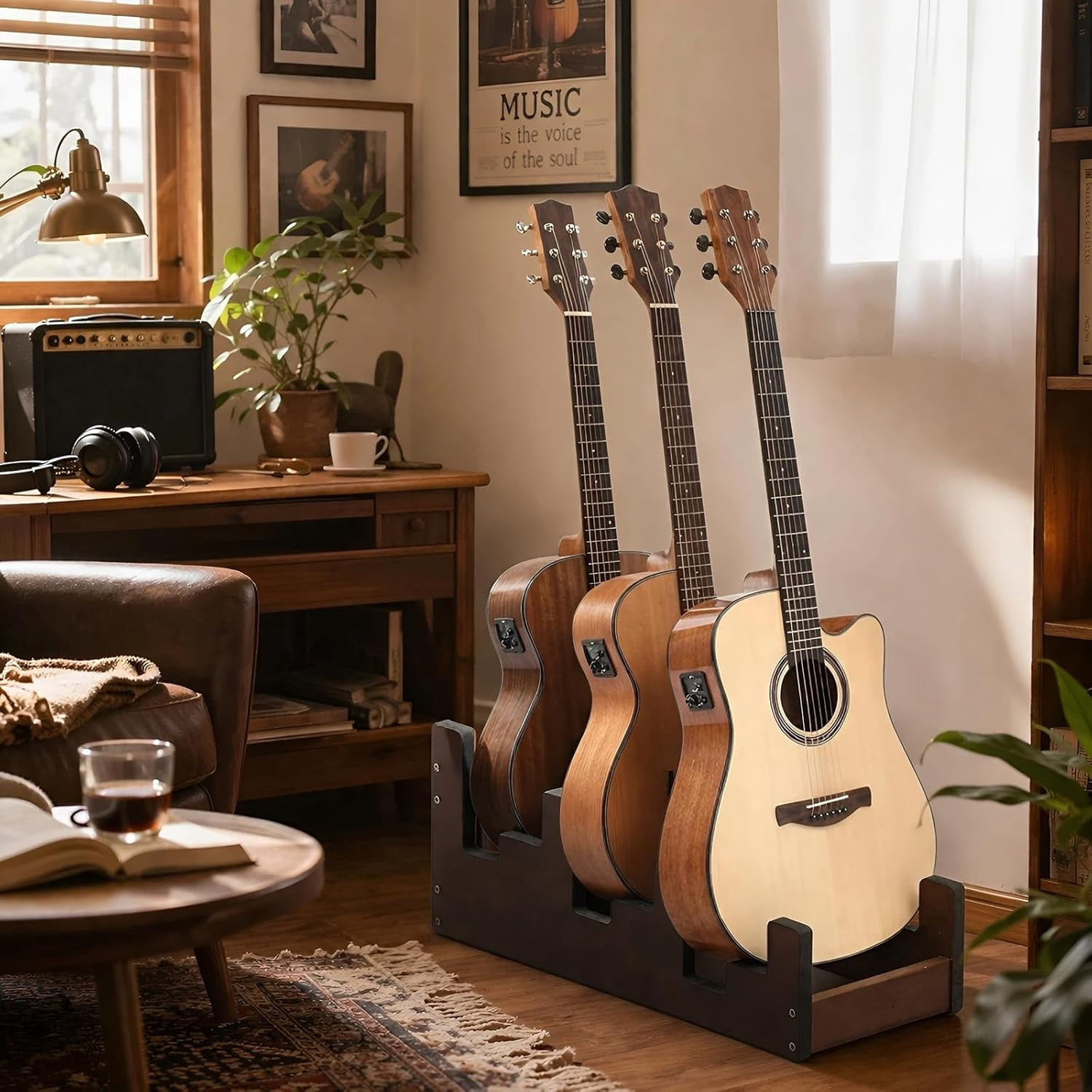 Wooden Guitar Stand 3-holder for Multiple Guitars Wood Guitar Display Rack Space-saving for Home, Studio, Stage
