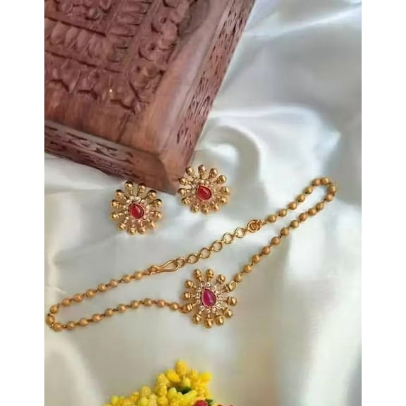 Swadeshi Desire Traditional Choker Necklace with Pendant & Earrings for Women /Matte Golden South Indian Temple Jewelry Set/Golden Plated Alloy with CZ Stones | Adjustable Design