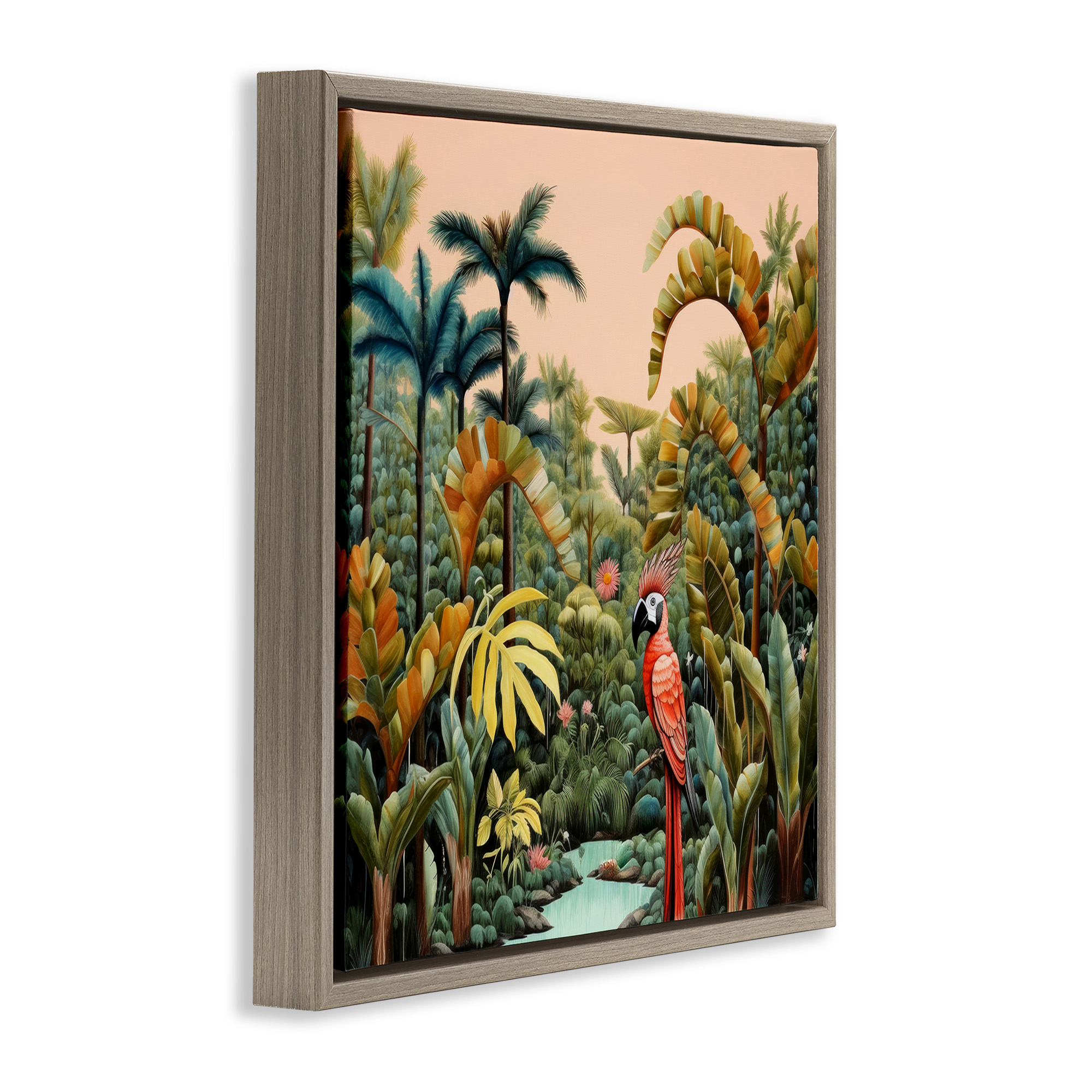Stupell Industries Parrot in Tropical Vegetation Landscape Painting Brown Floater Framed Canvas Art Print Wall Art, 25 x 25