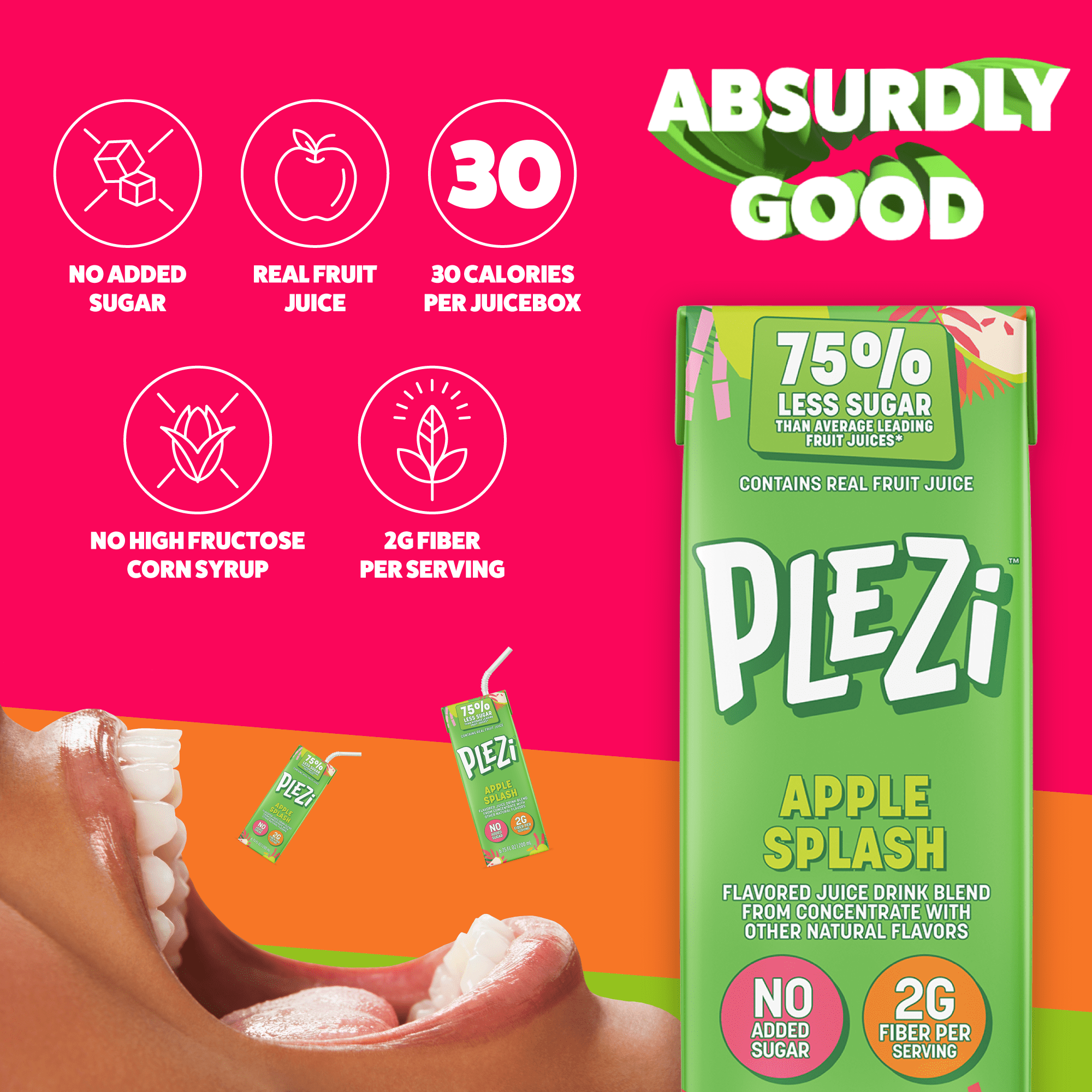 (2 pack) Plezi Apple Splash Kids Juice Drink 6.75oz 8pk Juice Box
