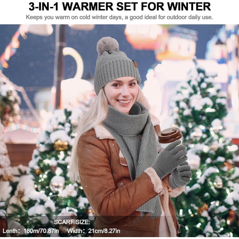 Women\'s Grey White Winter Beanie Hat Scarf Gloves Set Pom Warm Christmas Gift s-l400.jpg main image 2