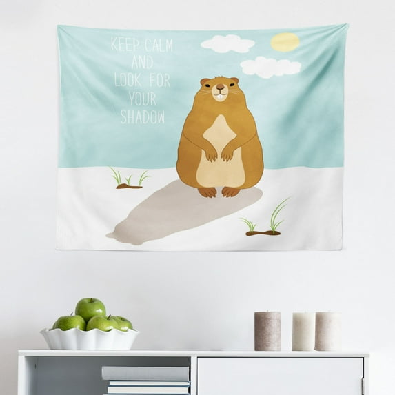 Groundhog Day Collection Tapestry, Welcome Spring in Speech Bubble Funny Cartoon Marmot, Fabric Wall Hanging Decor for Bedroom Living Room Dorm, 2 Sizes, Pale Blue Ginger White, by Ambesonne