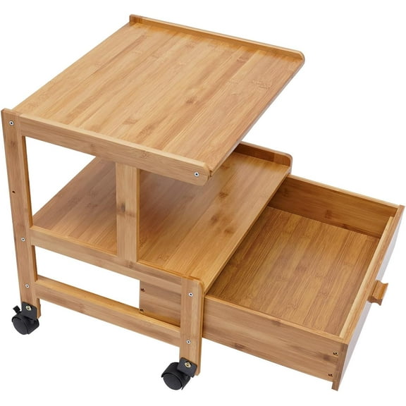 2-Tier Printer Storage Stand, Bamboo Desk Rack with Wheels, Heavy Duty Display Rack, Organizer with Drawer, Paper Shelf for Office and Home