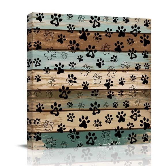 Canvas Wall Art, Black Paw Print Framed Canvas Prints for Bathroom Desk, Farmhouse Vintage Shabby Wood Grain Small Gallery Wrapped Wall Decor for Home Office, Gifts, 8"x8" Ship Next Day