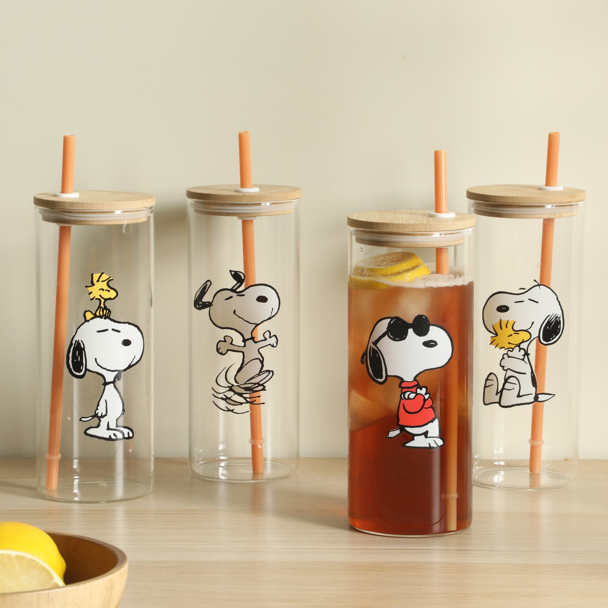 Peanuts Snoopy Happy Sips 4 Piece 23 OZ Tumbler Set with Bamboo
