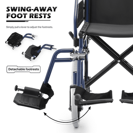 monicare *FDA APPROVED* Transport Wheelchair 300lbs Weight Capacity, Folding Transport Wheelchair with Removable Flip Back Armrests & Swing-Away Footrests, Blue
