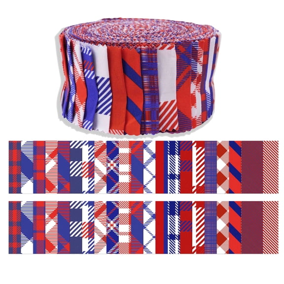Soimoi 40Pcs Check & Tartan Print Cotton Precut Fabrics For Quilting Craft Strips 2.5x42inches Jelly Roll - Red, Blue & White