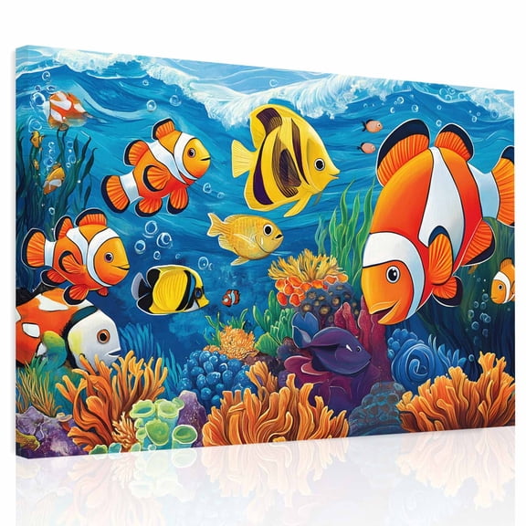 Ocean Tropical Canvas Print Wall Art, Marine Life Colorful Fish Coral Seagrass Wall Decor Modern Artwork Paintings Pictures for Living Room Framed and Stretched Ready to Hang, 12" x 16"