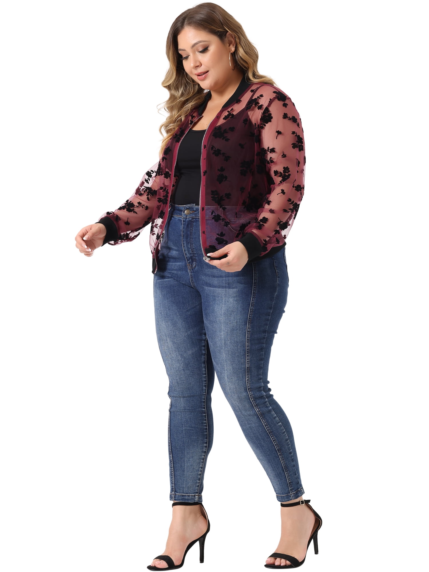 DARING DIVA Plus Size Mesh Sheer Floral Long Sleeve Bomber Jacket 1X Burgundy