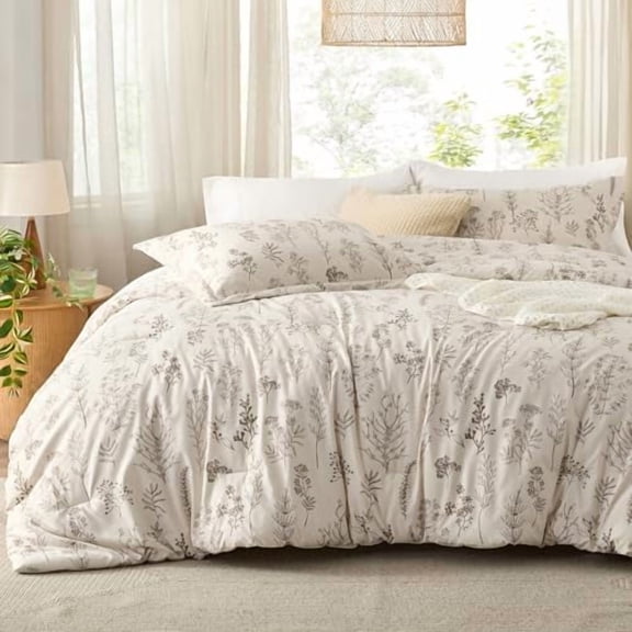 Full Comforter Set - Beige Bed Set, 3 Pieces Cute Floral Bedding, 1 Soft Botanical Flowers Comforter and 2 Pillow Shams