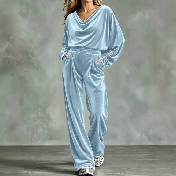 Gamivast Lounge Sets for Women Long Sleeve Velvet Cowl Neck Tops Wide Leg Elastic Waist Pants with Pockets Relaxed Fit Tracksuit Light Blue L