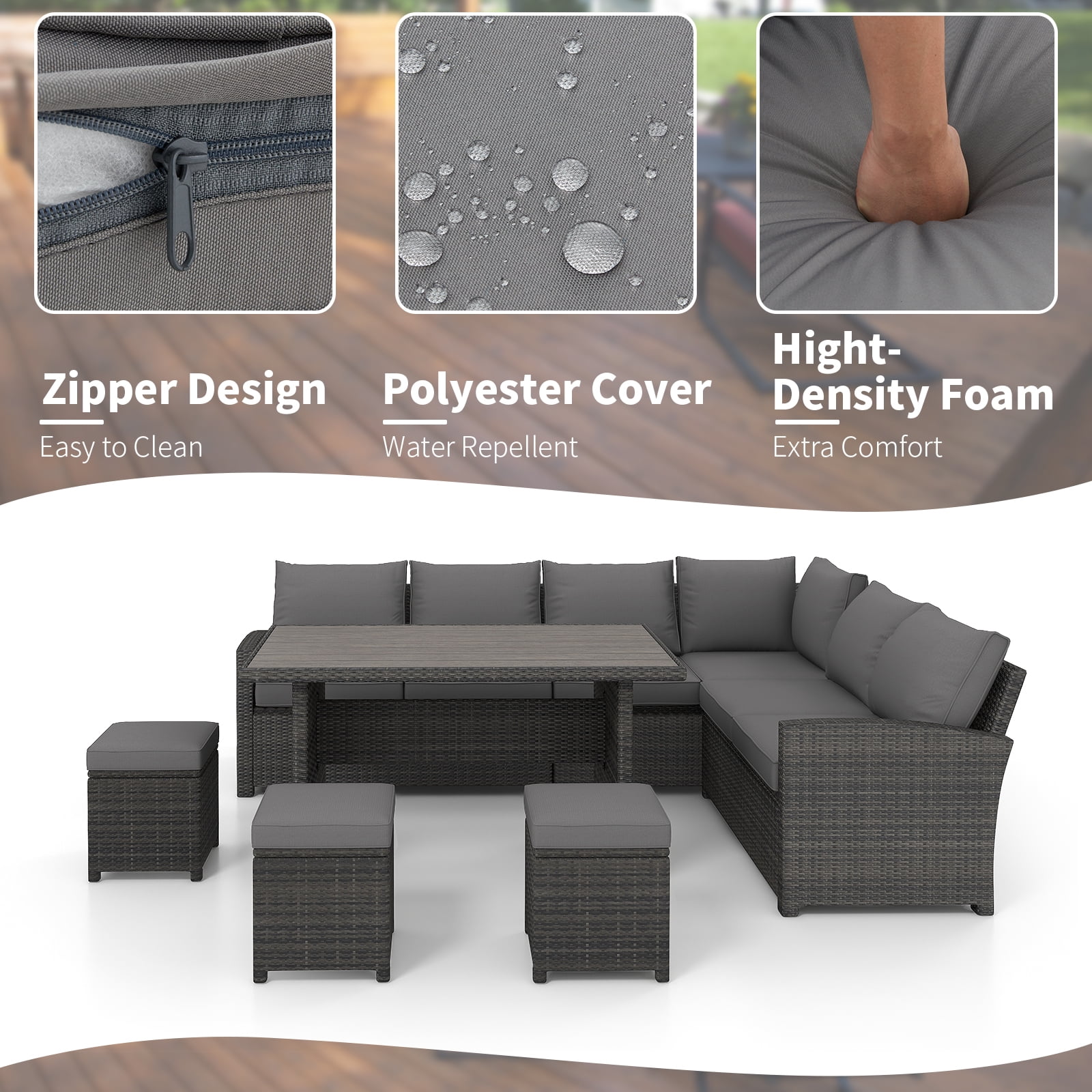 AECOJOY Patio Furniture Set, 7-Piece Rattan Wicker Sectional Sofa Couch, Outdoor Dining Conversation Set in Gray