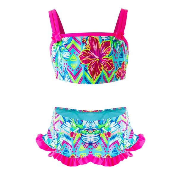 IKALI Girls Two Piece Swimsuits, Kids Hawaiian Ins Bikini, Floral