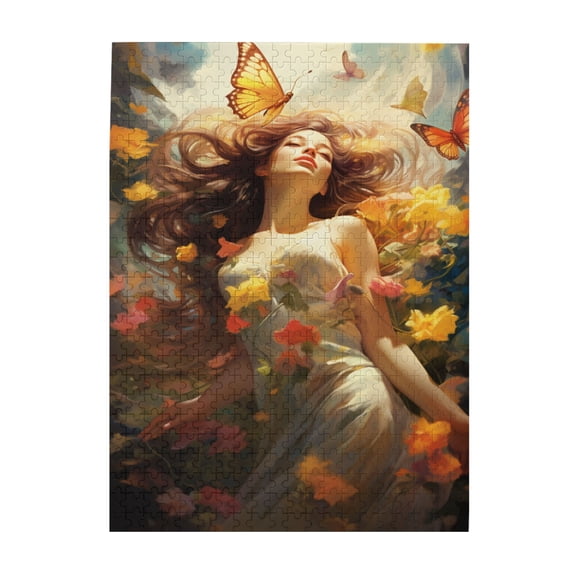 500 PCS Flower Butterfly Woman 1000 Piece Puzzle For Adults,Vibrant Design,Characterized By Unique And Beautiful Illustrations, Depicting A Woman Among Flowers,Charm Wooden Jigsaw Puzzles