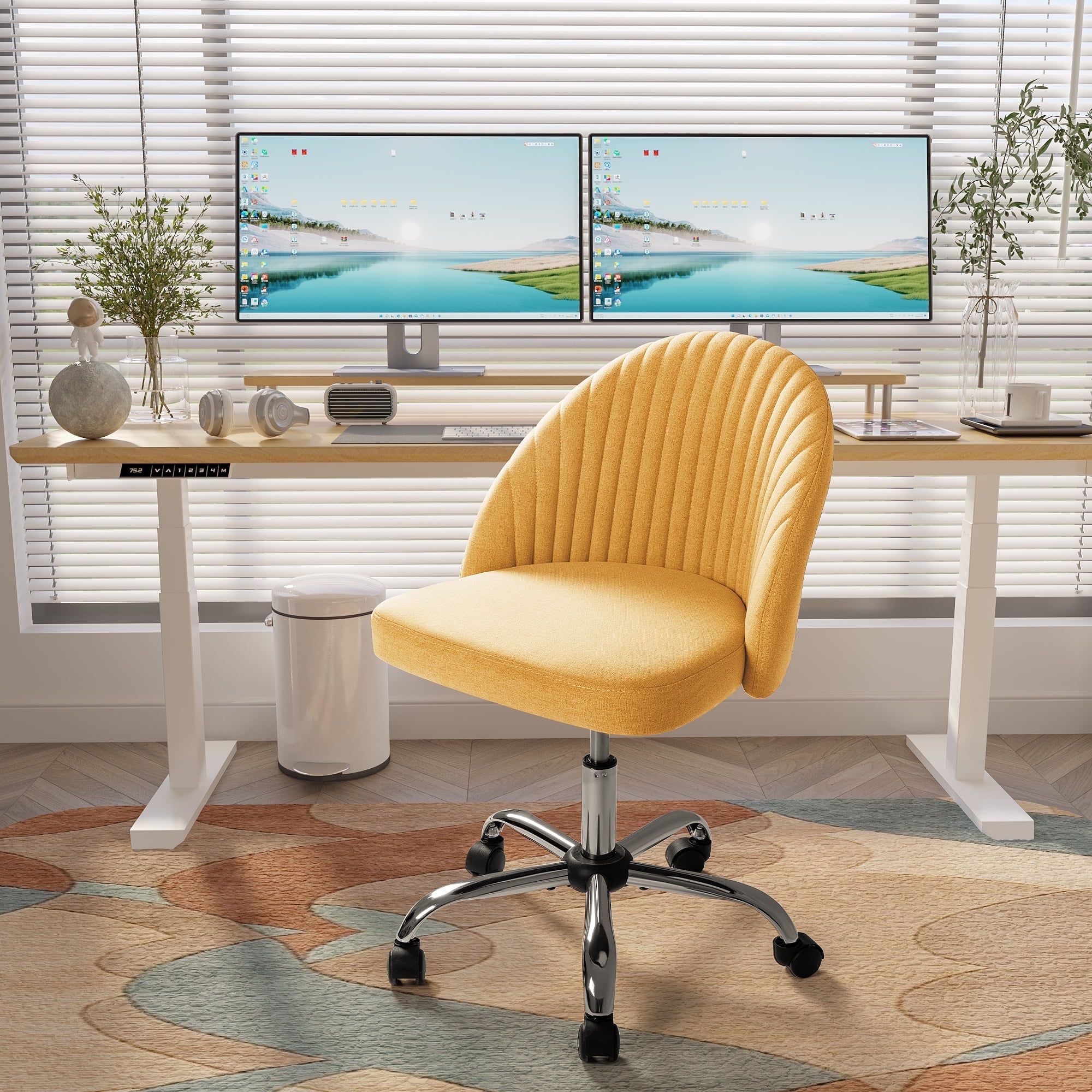 Homall Home Office Chair Adjustable Vanity Chairs Mid Back Rolling Task Chairs for Bedroom, Living Room or Study, Yellow