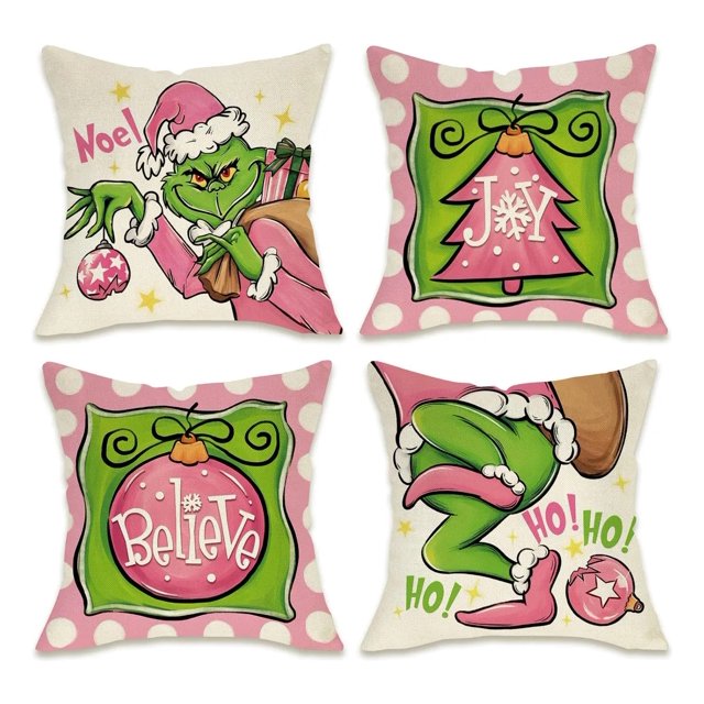 Set de 4 Fundas de Cojín 45x45 cm Navideñas del Grinch, Tela Suave y Lavable, Decoración Festiva para Sofá