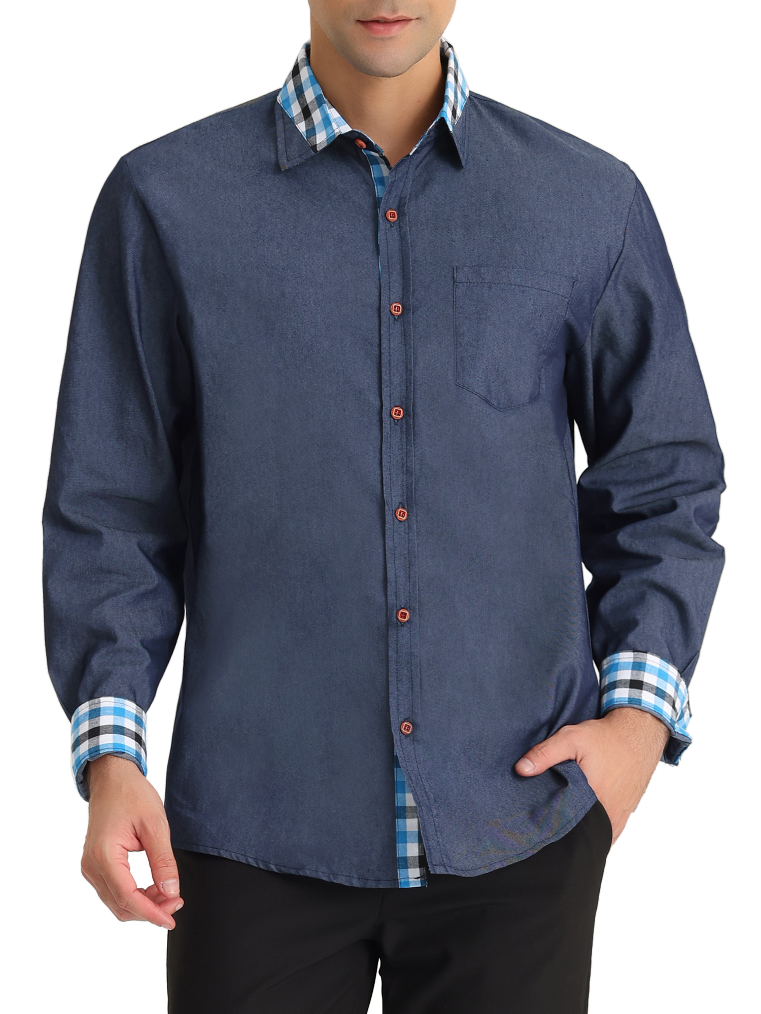 Lars Amadeus Men's Dress Denim Long Sleeves Checkered Collar Jeans