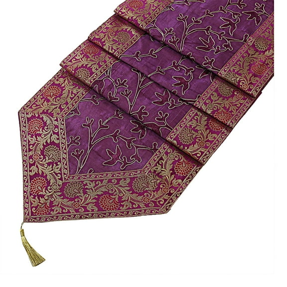 Stylo Culture Indian Coffee Table Runner Jacquard 6 Ft Magenta Purple Traditional Brocade 72 Inch Decorative Placemat Zari Embroidered Tassels 14 Inches Wide Ethnic Party Wedding Reception Decor