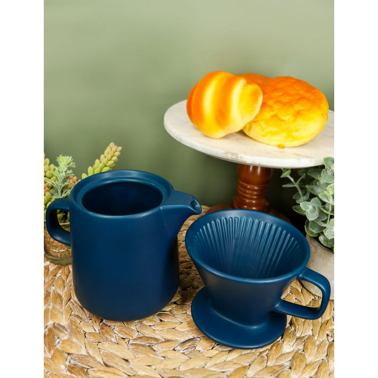 Blue Porcelain Coffee Maker Carafe Pot With Pour Over Dripper Filter Cup Set  