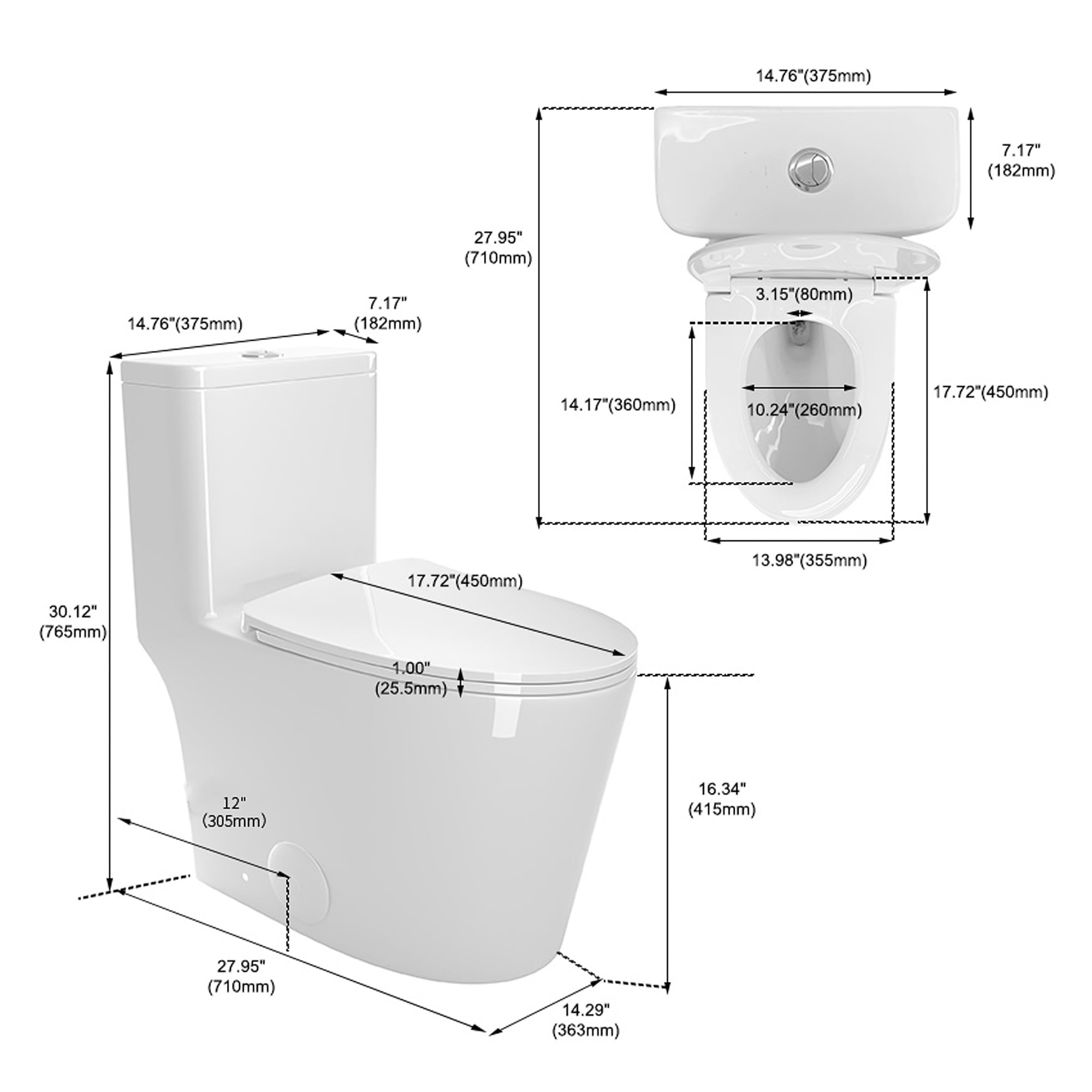 Alvantor One-Piece Toilet 16.5"Height Ceramic Elongated Floor Mounted 1.1/1.6 GPF Toilet White