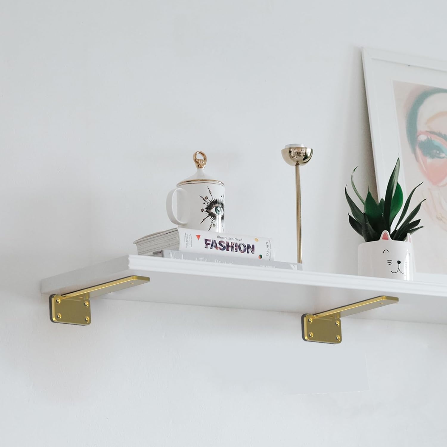 Floating Shelf Brackets Upgraded,4 inch, Gold Heavy Duty Iron Shelf Brackets, Industrial Modern Floating Shelf Support for Wall Mount Shelves,Wide Brackets ,4 Pack, Support DIY