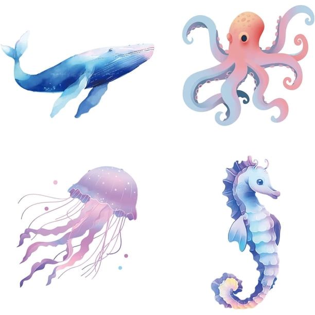Pegatinas para ventana de 6,3 pulgadas con diseño de océano, pulpo, medusa y caballito de mar, extraíbles, estáticas, para puertas corredizas.