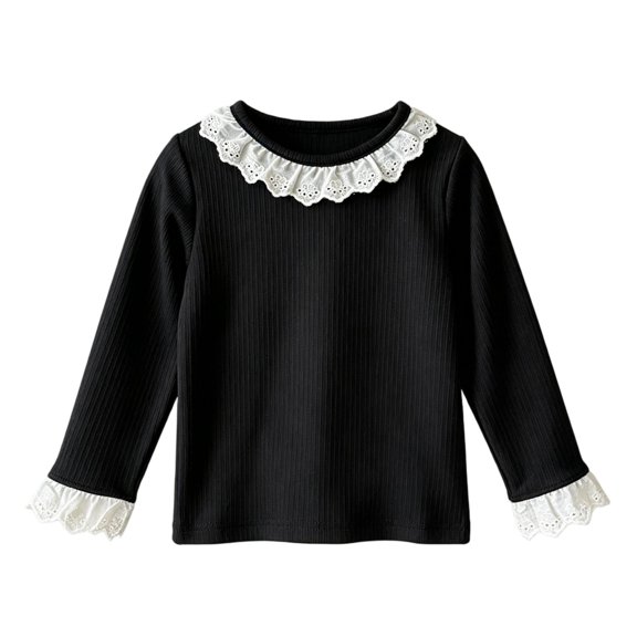 Ugoldhm Girls Ribbed Long Sleeve Top, Lace Ruffle Collar & Cuff Casual Basic Pullover Tee for Kids