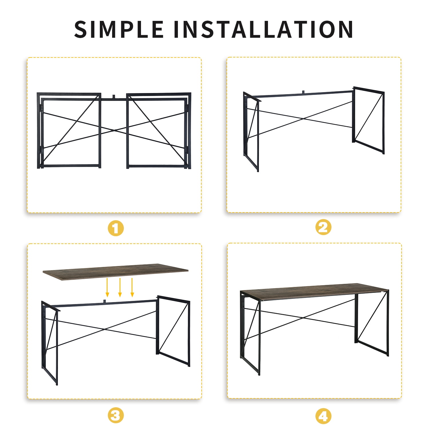 Folding Computer Desk, No Assembly Required Metal Frame Writing Table, Space-Saving Foldable Workstation for Home Office, Brown