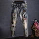 thumbnail image 3 of Pantalones vaqueros ajustados con estampado gráfico para hombre, estilo hip hop, para motocicleta, de corte acampanado, rectos, de alta calidad, tallas XS, 3 of 5