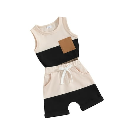 

2Pcs Baby Boy Summer Outfits Contrast Color Pocket Tank Tops + Shorts