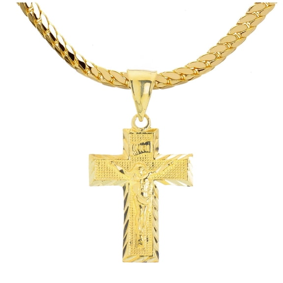 Men's Gold Plated Solid Jesus Cross Pendant 24" Miami Cuban Chain Necklace MCP 046 G2