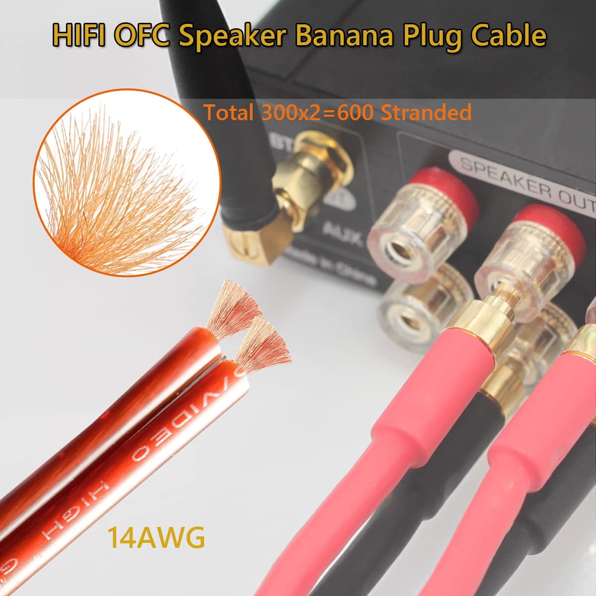 UCINNOVATE 2 Pack High-End OFC HiFi Speaker Cable with Banana Plugs, Gold-Plated Banana Tips Male to Male 600 Strand 14 AWG for Home Theater (2m/6.56FT)