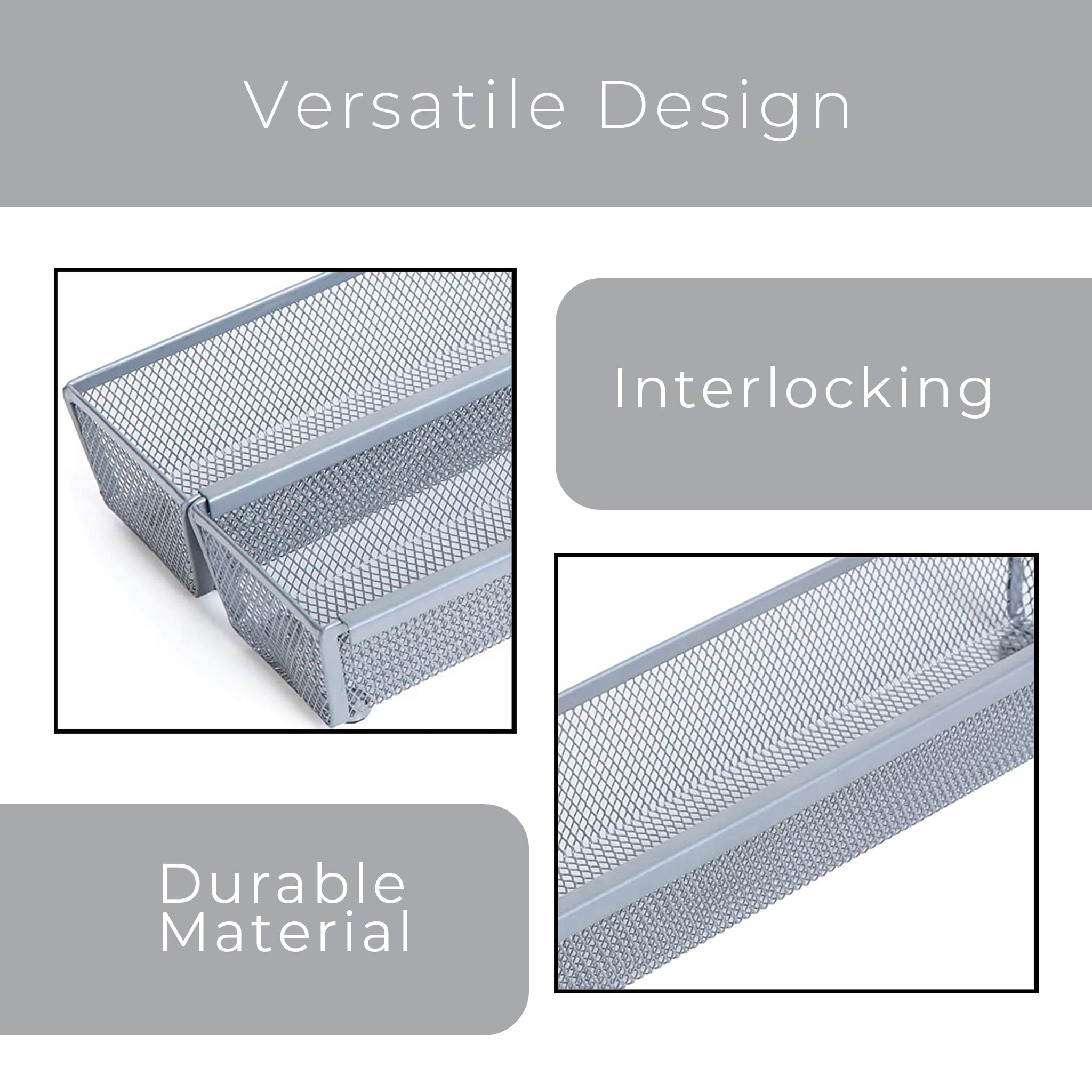 Smart Design Drawer Organizer - Set of 6 - Steel Metal Mesh - 9 x 3 Inch - Interlocking Arm Connection - Utensils, Flatware, Organization - Kitchen - Silver