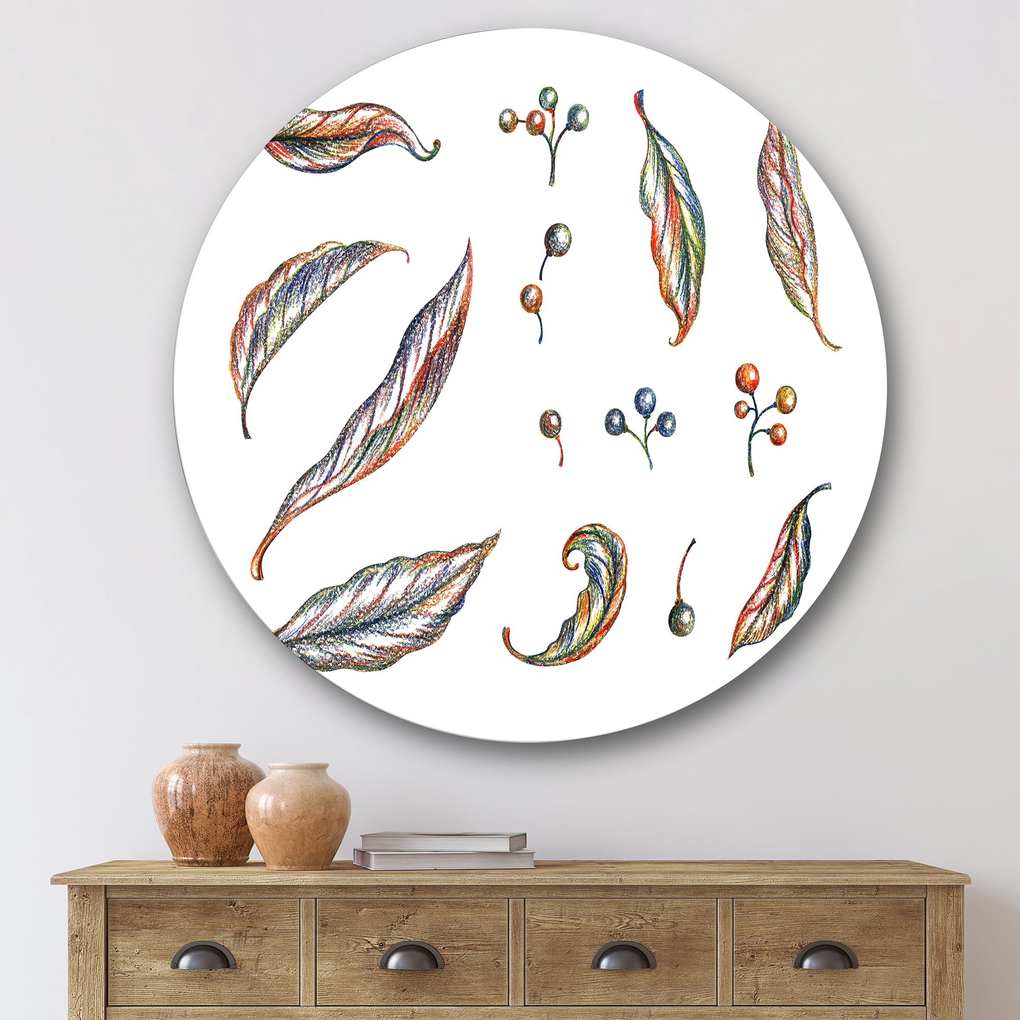 Designart 'Leaves and Berries Of Wild Grapes' Bohemian & Eclectic Circle Metal Wall Art 29x29 - Disc of 29