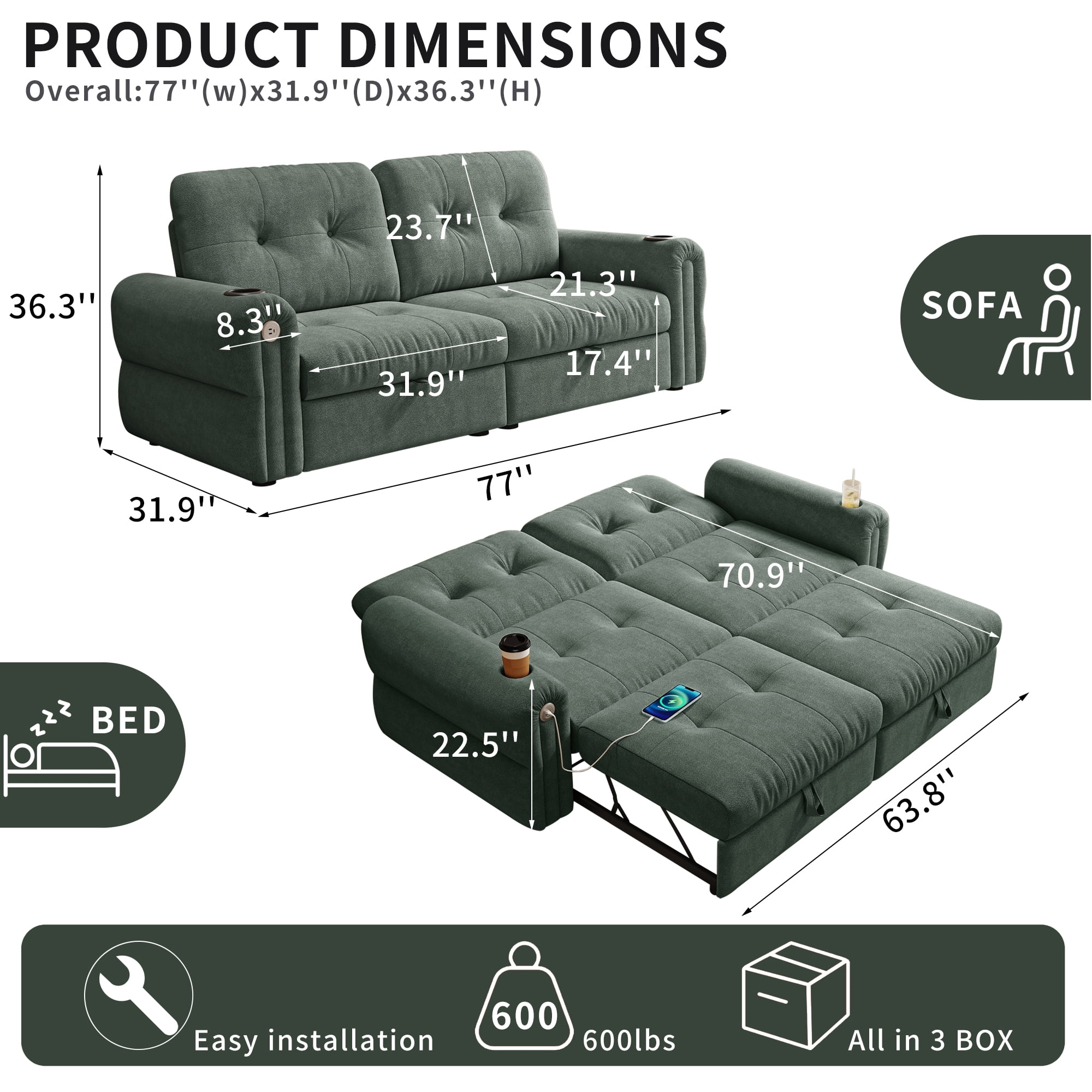 77" Queen Size Sofa Bed, Loveseat Sleeper Sofa with Pull Out Bed and USB, 2 Seater Convertible Small Couch for Living Room Bedroom Apartment (Green, Chenille)