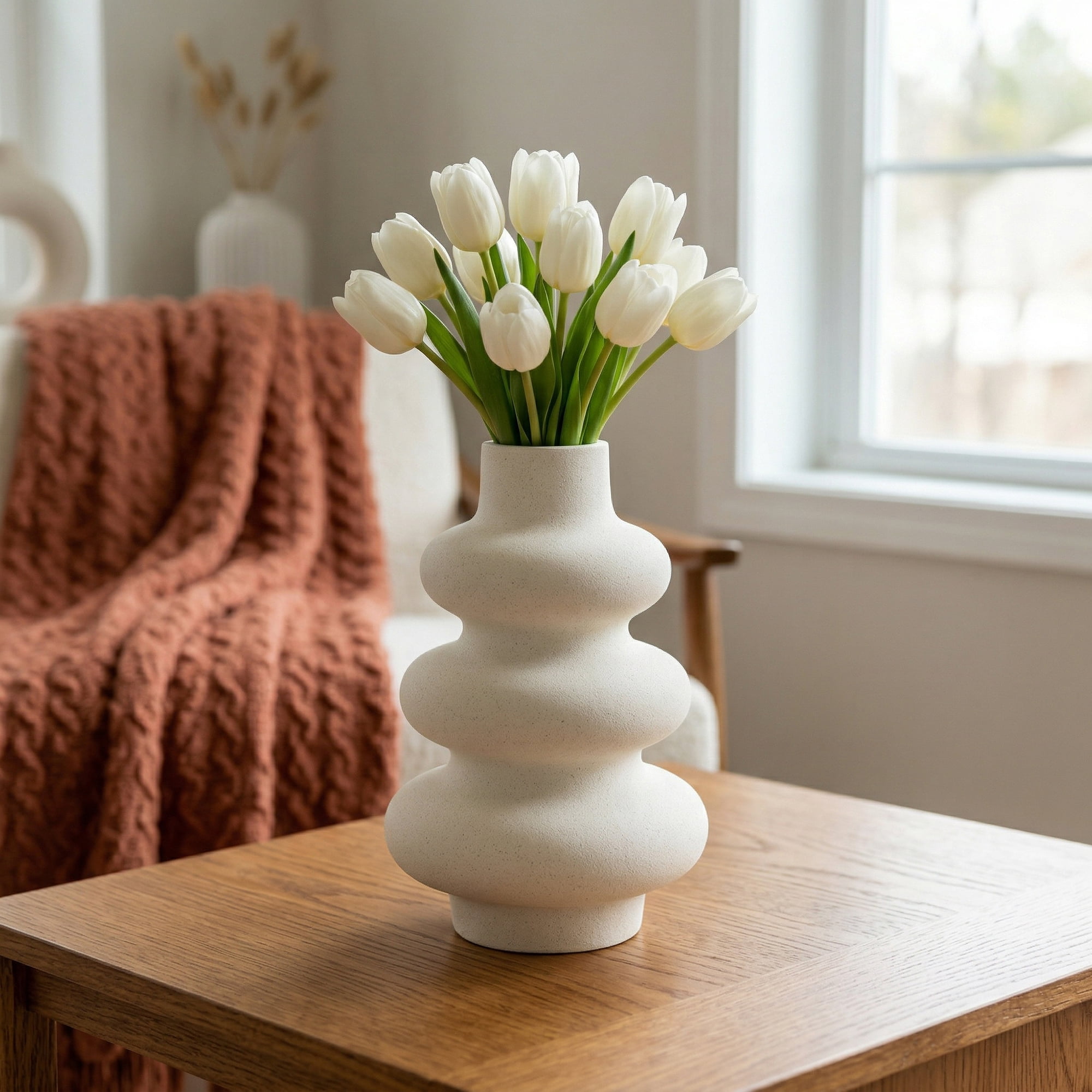 Unique Bargains Ceramic Modern Ripple Textured Decorative Vase White 5.4"L x 5.4"W x 8"H