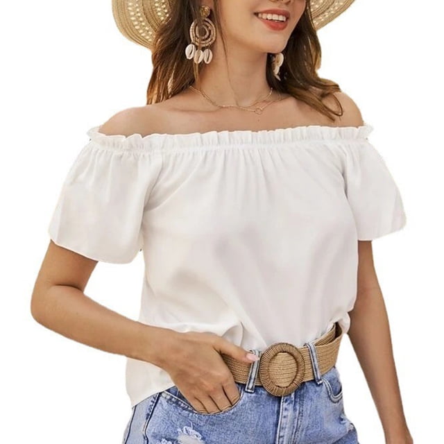 Las mujeres de hombro Top Casual Plain Color manga corta Frill Trim Loose Fit Summer Pullover blusa blanco 2XL