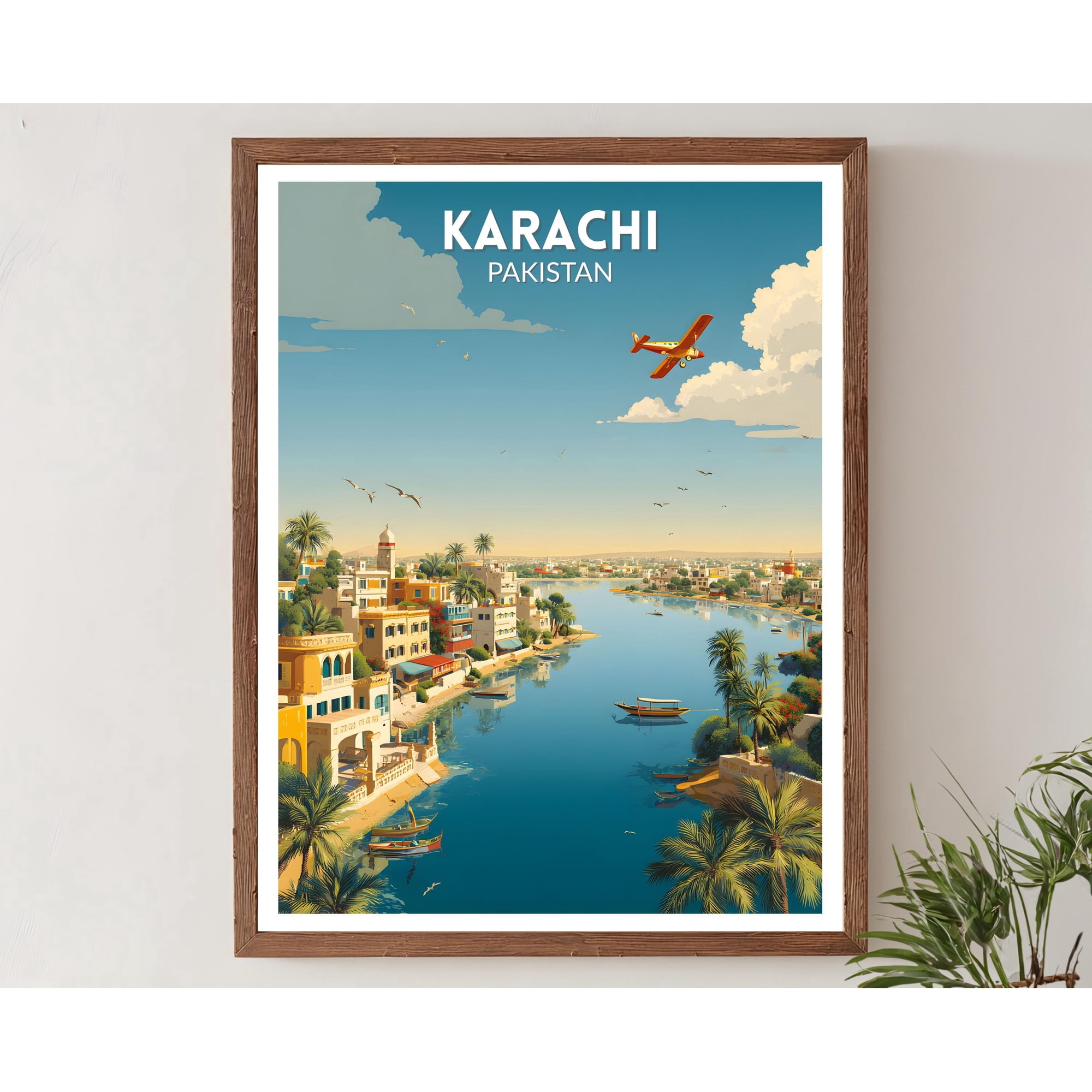 Karachi Pakistan Retro Travel Mid Century Modern Wall Vintage Cityscape Asian Home Art Travel Wall Art Poster , Poster Print Only